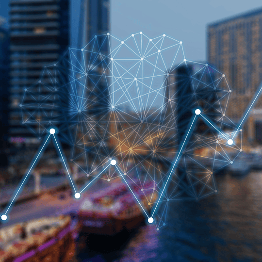Buildings blurred in background with blue lines to represent AI technology